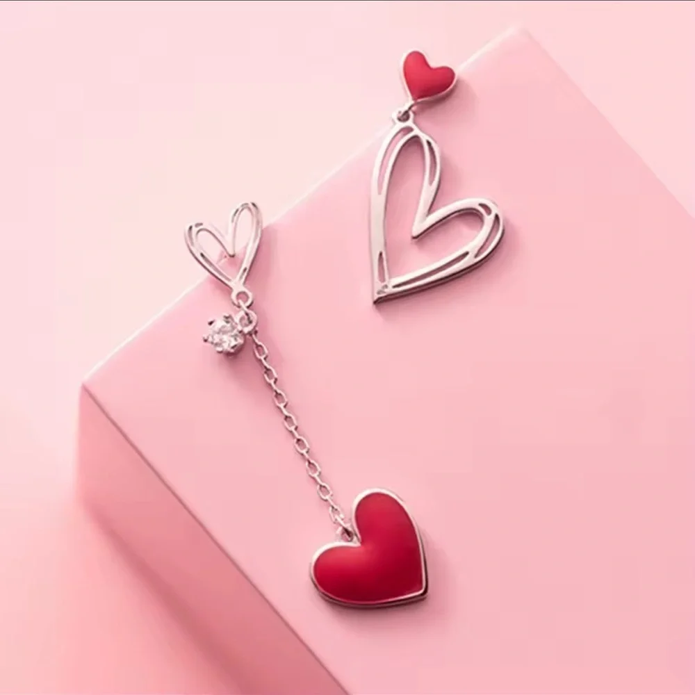 Korean Red Heart Tassel Earrings – Asymmetric Zircon & Pearl Studs ♥️ A7-233
